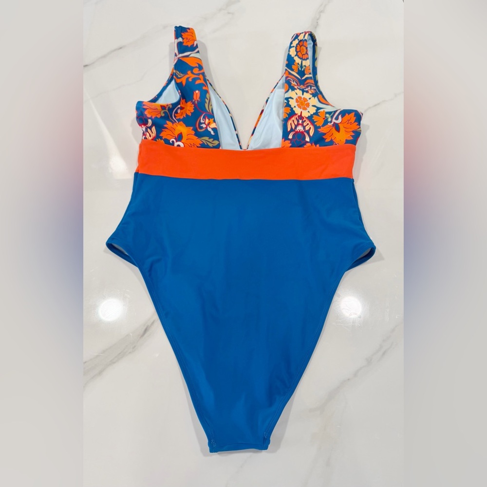 Floral Color Block One Piece Deep V Medium Spring Break Padded Bathing Swimsuit - Picture 6 of 8